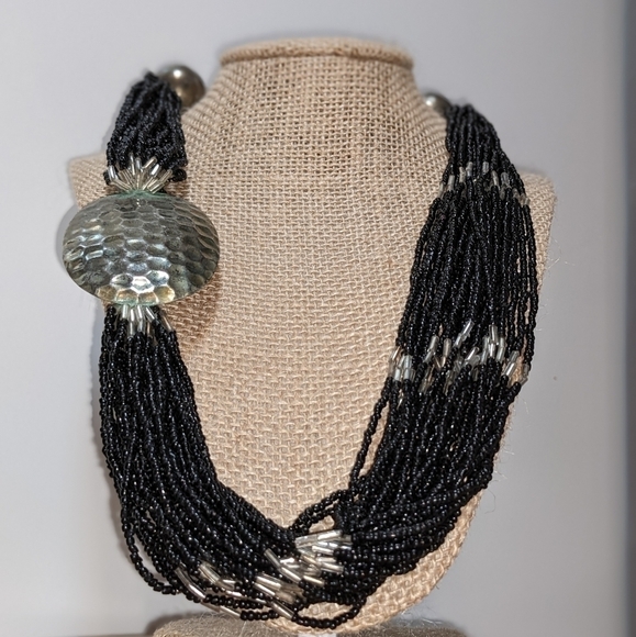 Vintage Layered Black Bead and Silver Statement Necklace - Picture 8 of 8